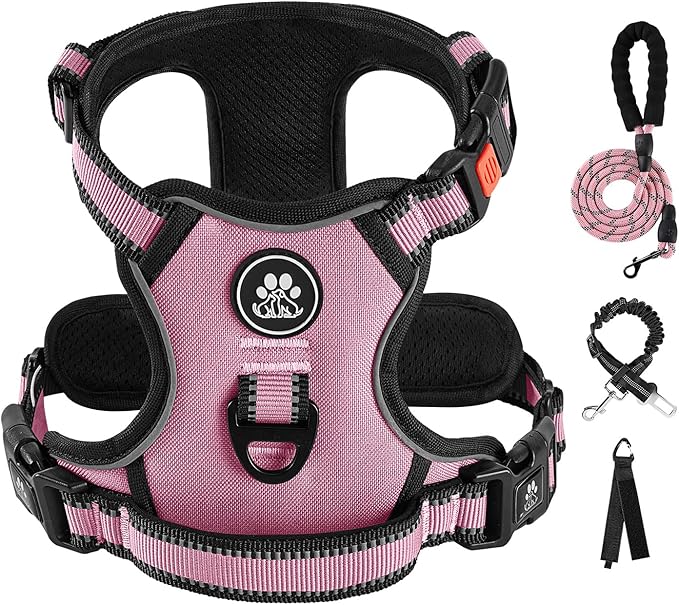 IVY&LANE No Pull Dog Harness for Large Dogs, Dog Vest Harness with Leash, Safety Belt and Storage Strap, Fully Adjustable Harness, 360° Reflective Strip, Soft Handle (Pink, XL)
