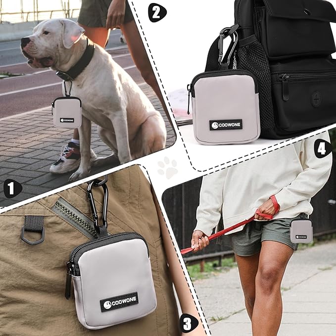 COOWONE Dog Treat Pouch Pocket Sized Pet Puppy Training Pouch for Dog Training Behavior Aids, Waterproof Nylon Fabric Dog Poop Bag Holder, Hands Free Dog Walking Bag with Metal Carabiner (Grey)