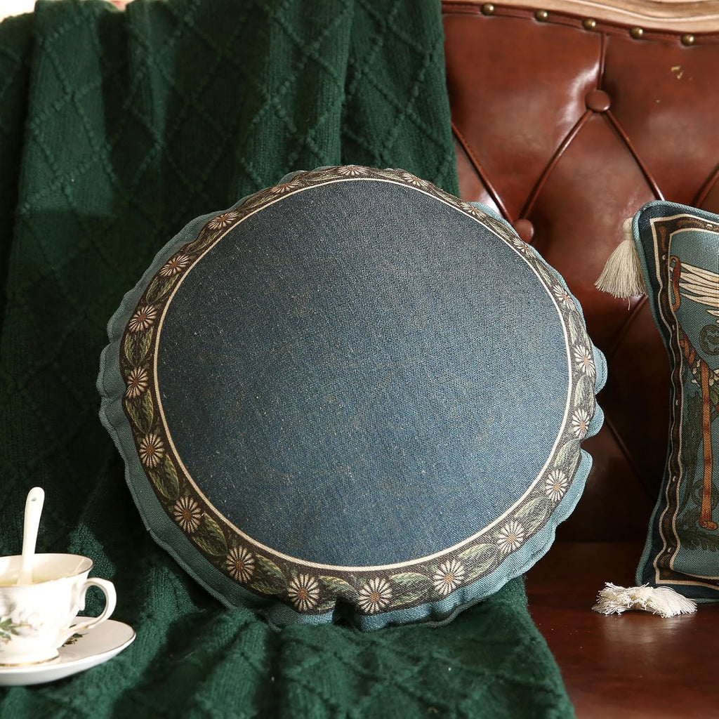 Green Throw Pillow Covers,French Farmhouse with White Birds and Flowers Pattern Linen Pillowcases,Decorative Round Pillows Cushion Covers for Couch Sofa Bed Chair,Diameter 16"