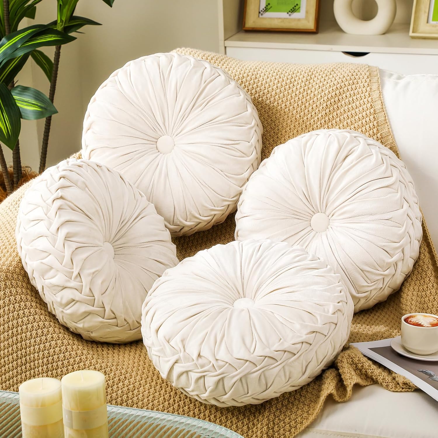 4 Pcs Round Throw Pillows 15 Inch Decorative Velvet Pleated Pumpkin Floor Boho Pillows for Living Room Couch Chair Bed Sofa (White)