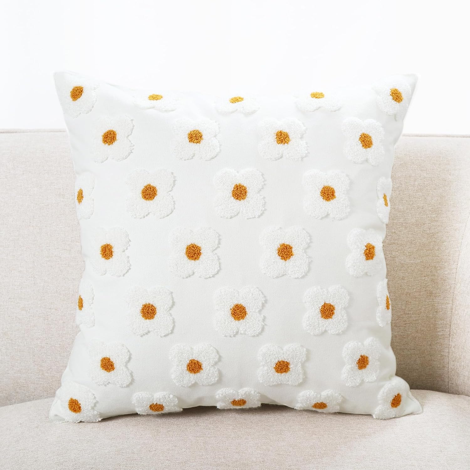 DECOBIRD Embroidery Throw Pillow Cover 20x20 Beige Floral Design Home Decor Loop Embroidered Pillow Case Thick Cotton Canvas Square Cushion Cover for Couch 50x50cm, 4 Petal Flowers 1 Piece