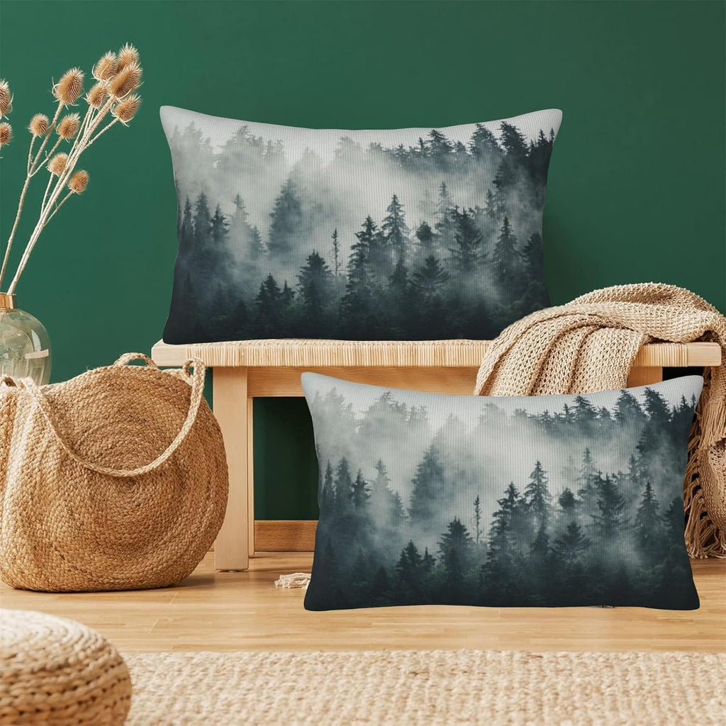 Misty Forest Throw Pillow Cover Case Foggy Forest Throw Pillows Set of 2 Super Soft Pillow Covers 20x12 Inches Farmhouse Home Decor for Living Room Bedroom Sofa Couch Cushion Cover
