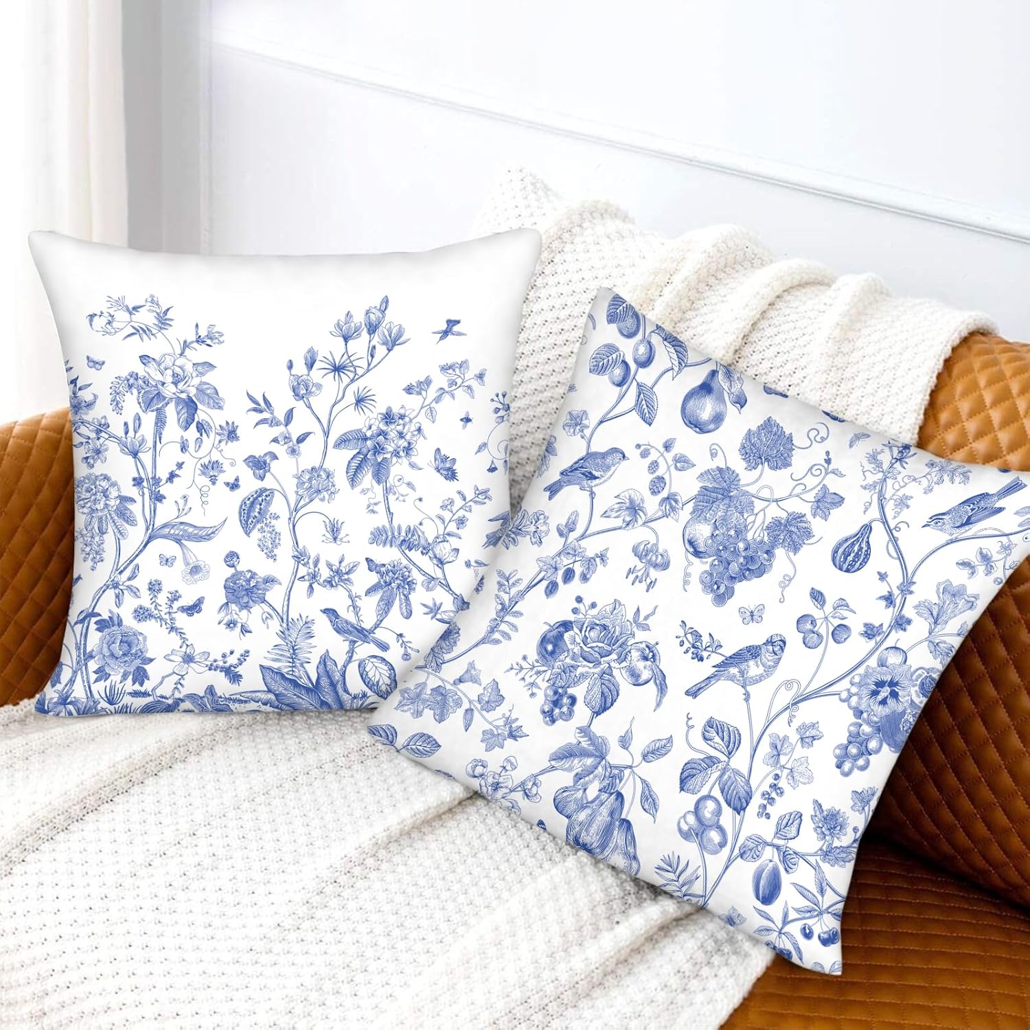 Blue Flower Decorative Pillow Covers 18x18 Inch Set of 2 Spring Floral Bird Throw Pillow Cases Chinoiserie Pillowcases for Couch Bed Sofa Cushion Living Room Chinoiserie Decor