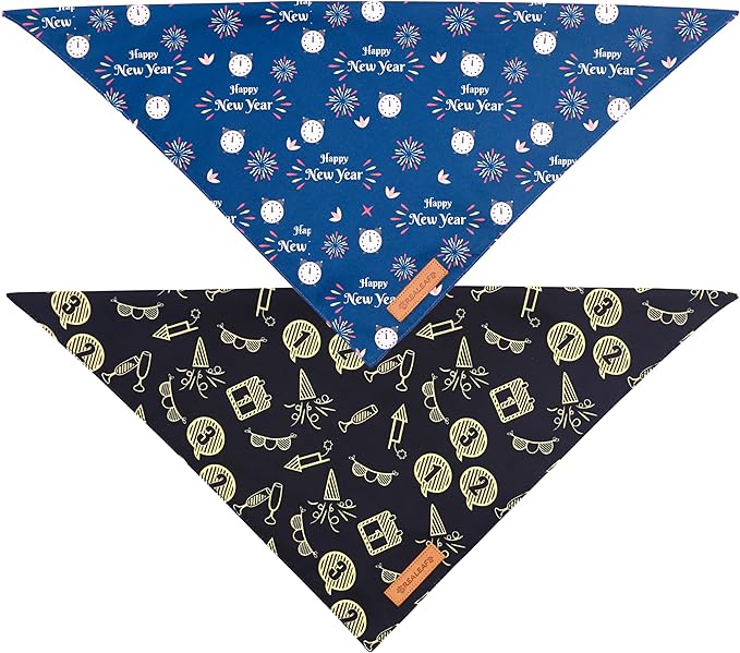 Realeaf Happy New Year Dog Bandanas 2 Pack, Reversible Holiday Pet Scarf for Boy and Girl, Premium Durable Fabric, Bandana for Small Medium Large and XLarge Dogs (Large)