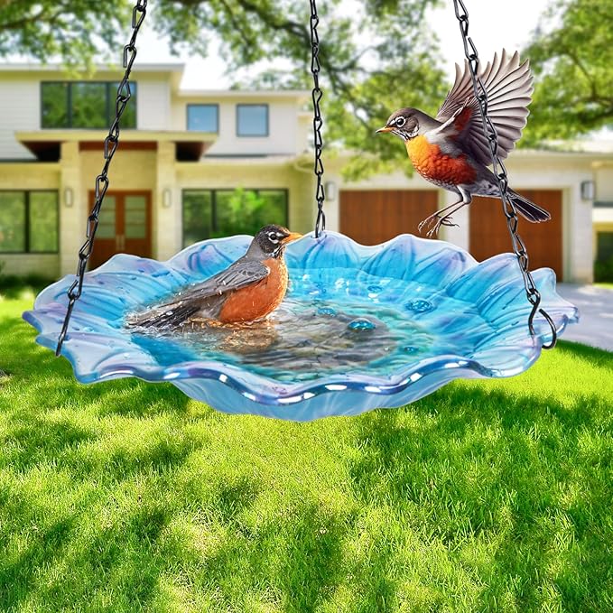 VCUTEKA Bird Bath, Glass Hanging Bird Baths for Outdoors Birdfeeder with 21 inch Rust-Proof Chain for Garden Yard Decor, Blue Daisy