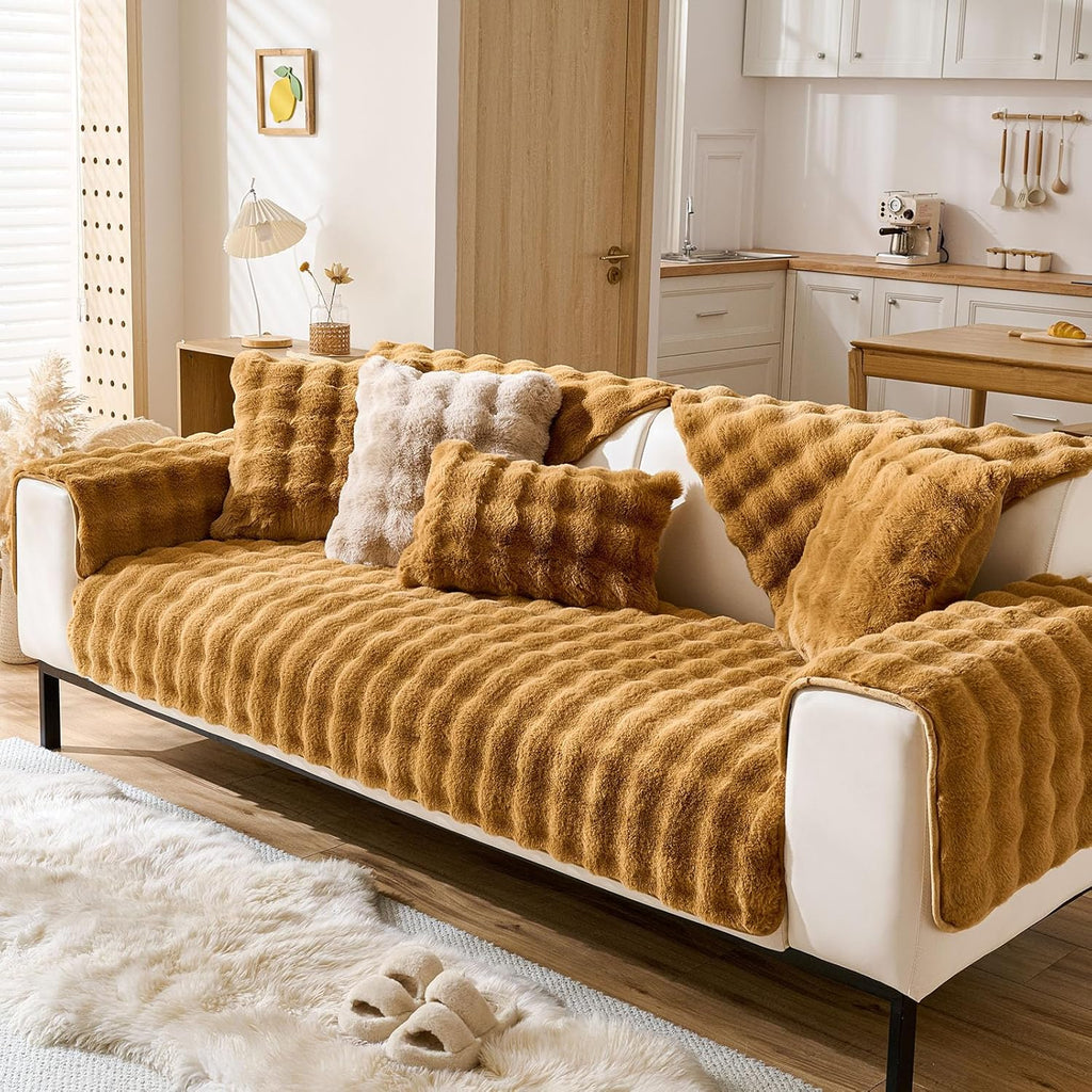 Faux Fur Couch Cover Fuzzy Soft Plush Thick Bubble Sofa Cover Luxury Sectional Couch Covers Luxury Anti-Slip Sofa Slipcover Washable Furniture Protector (Brown Yellow,36"x63")