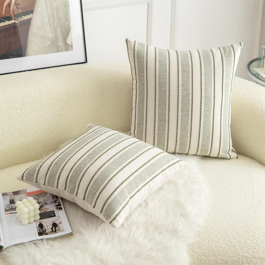 Decorative Boho Throw Pillow Covers, Farmhouse Textured Pillow Case, 22 x 22 Inch Set of 2, Chair Sofa Bedroom Living Room Home Decor Couch Cushion Case, Olive Green and Beige Striped