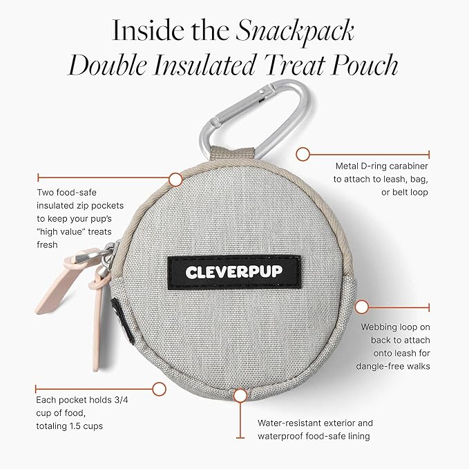 Snackpack Double Insulated Dog Treat Pouch - Holds 1.5 Cups - Dog Training and Walks Snack Bag, Two Pockets for Dry or Wet Treats, Attaches to Leash, Belt, or Bag - Sand