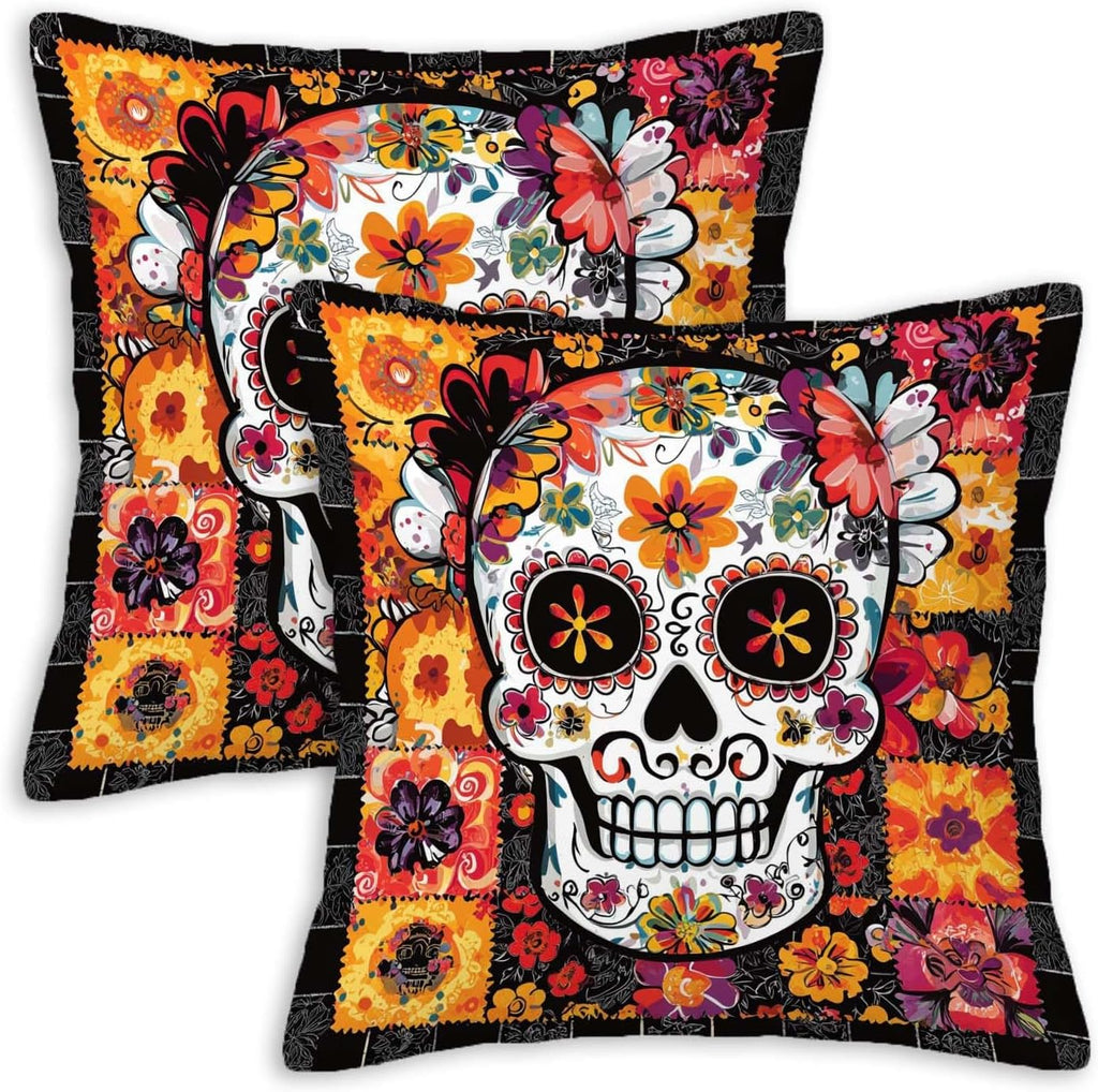 Throw Pillow Covers 18x18 Set of 2, Sugar Skull Cushion Covers, Decorative Square Pillowcases for Couch, Bedroom, Living Room