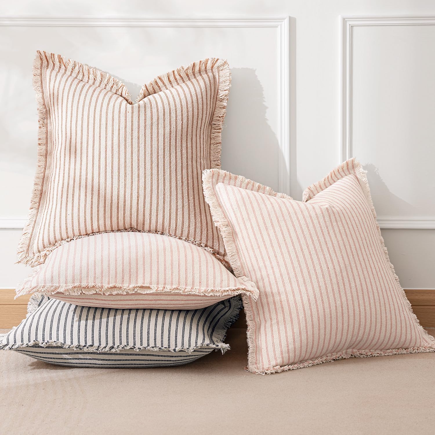 MIULEE Pack of 2 Pink Pillow Covers 24x24 Inch Striped Farmhouse Couch Throw Pillow Covers with Fringe Chic Cotton Decorative Cushion Eruo Sham for Sofa Living Room Bed Outdoor Home Decor