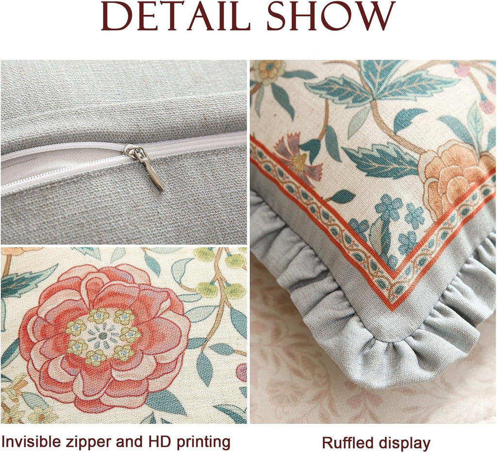 Floral Throw Pillow Covers Set of 2,Cottage Rustic with Blooming Flower Pattern Linen Pillowcases,Decorative Square Pillows Cushion Covers for Couch Sofa Bed Chair Car,18x18 Inches