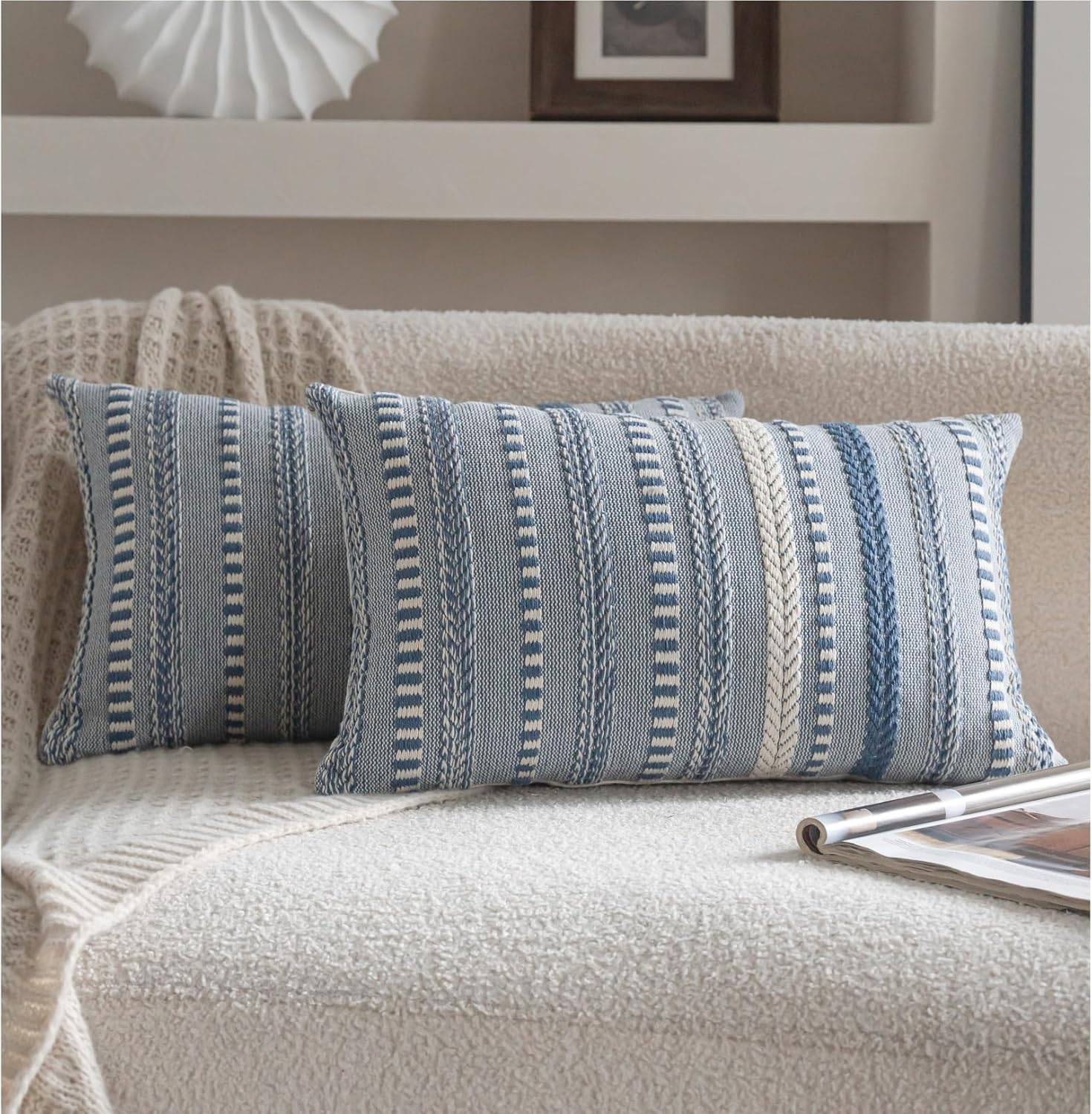 Boho Throw Pillow Covers 12x20 Inch Set of 2, Farmhouse Decorative Couch Pillow Cases, Blue Accent Pillows of Bed, Sofa Bedroom Living Room Home Decor Cushion Cover