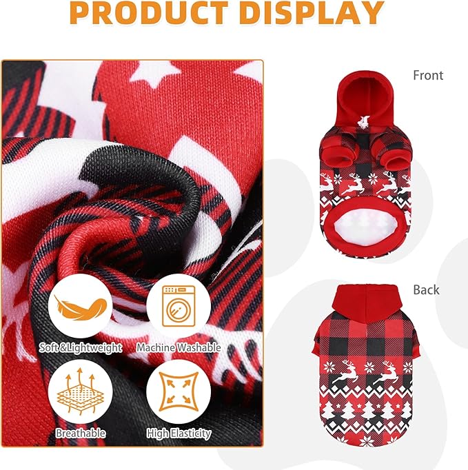 KOOLTAIL Christmas Dog Hoodie, Red Plaid Pet Sweater, Hat Hooded Sweatshirt Dog Clothes for Small Medium Large Dogs, Soft Warm Winter Cold Weather Coat with Leash Hole&Pocket, Reindeer Snowflake, L