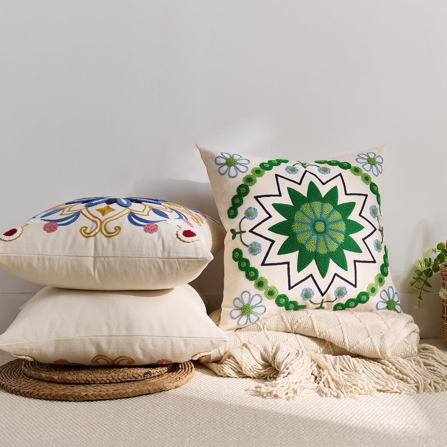 Embroidered Throw Pillow Cover 22x22 Classic Boho Floral Pattern Pillows Cover Outdoor Decorative Pillowcase,Durable Cozy Textured Cushion Case for Sofa Couch Bed Living Room,Green