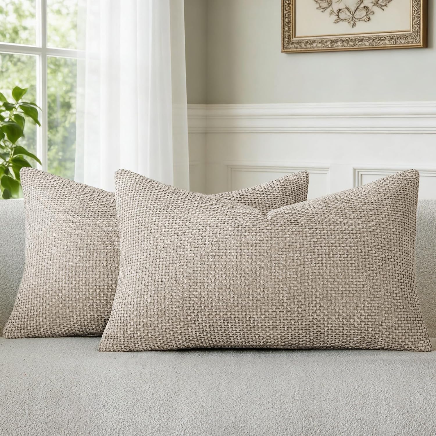 a moment Taupe Chenille Throw Pillow Covers 12x20 Inch Pack of 2 Modern Decorative Throw Pillow Covers Farmhouse Cross Throw Pillowcases Home Decor for Sofa Bedroom Living Room