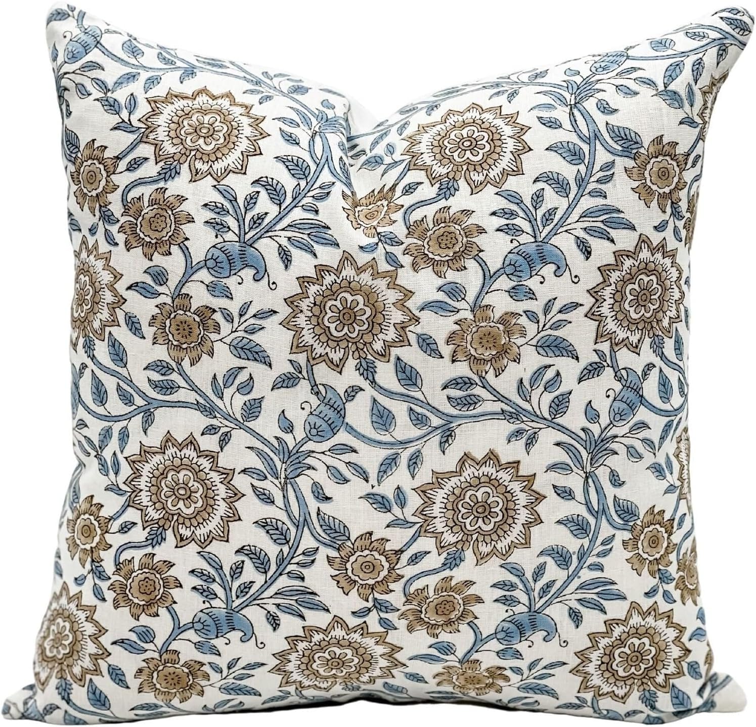 Designer Floral Print on Off White Linen Pillow Cover, Blue and Beige Pillow, Boho Décor Pillow, Decorative Throw Pillow Covers, Neutral Decor (Light Blue, 14x42)