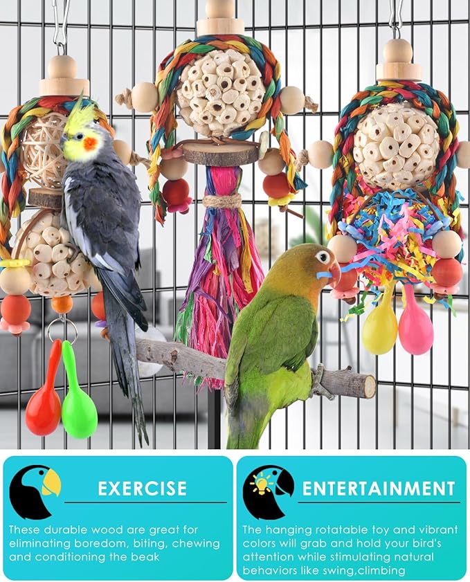 Bissap 3PCS Bird Parrot Foraging Shredder Hanging Toys Sola Balls with Sand Hammer for Small Parrots Parakeets Conures Cockatiels Love Birds Cage Toy