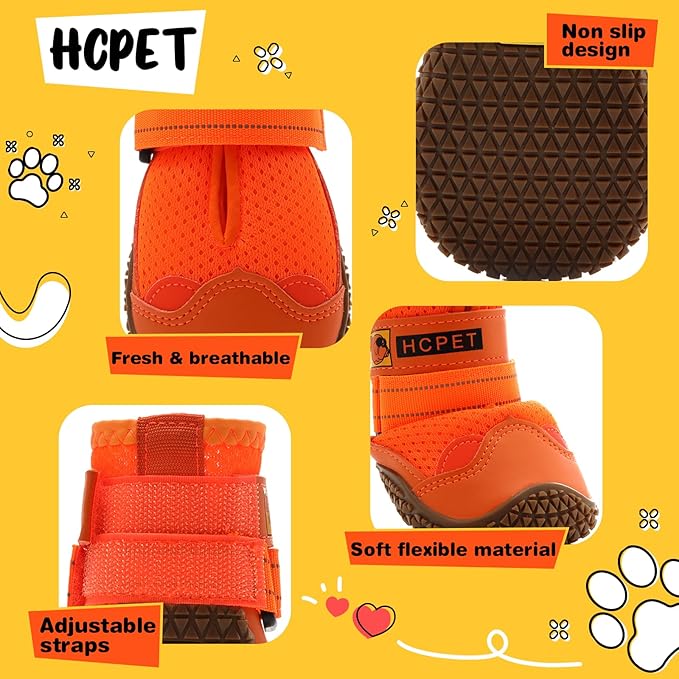 Hcpet Dog Shoes for Large Dogs, Breathable Dog Booties for Small Medium Dogs, Anti-Slip Dog Boots & Paw Protectors for Hot Pavement Winter Snow Hiking with Reflective Straps Orange Size 8