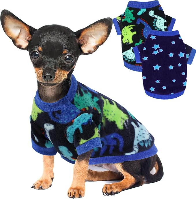 2 Pieces Dog Sweaters for Small Dogs, Fall Winter Fleece Dog Clothes, Soft and Warm Puppy Sweater Doggie Coat for Winter Pet Cloting for Chihuahua Yorkie (Stars, Dinosaurs, Small)