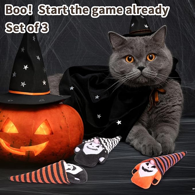 Retro Shaw Cat Toys, Halloween Gnomes 3Pcs, Horror Crinkly Catnip Toys for Indoor Cats Kitten, Interactive Cat Nip Kitty Kicker Chew Tossing, Safe Teeth Cleaning Toy for All Breeds