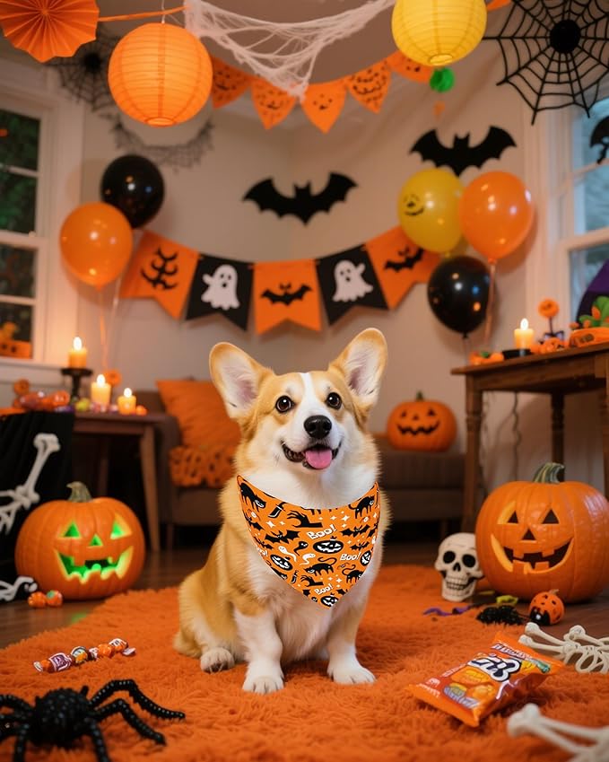 PET SHOW 100 Pack Halloween Small Dog Bandanas Bulk No Seam Pumpkin Ghost Triangle Bibs Scarves for Girl Boy Pets Adjustable Grooming Kerchiefs for Medium Dogs Costume Accessories(Medium)