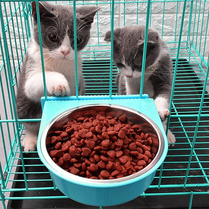 Crate Dog Bowl Removable Stainless Steel Water Food Feeder Bowls Cage Coop Cup for Cat Puppy Bird Pets (Small, Blue with Corrugated Clip)