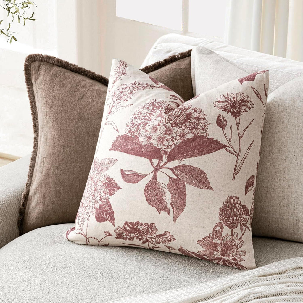 Foindtower Set of 2 Linen Floral Vintage Throw Pillow Covers Neutral Accent Decorative Cushion Covers Farmhouse Boho Home Decor for Sofa Chair Couch Bedroom Living Room,20×20 Inch,Dark Pink