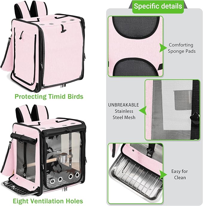 Sanmoncare Bird Carrier for Car Travel with Seat Belt, Indestructible Stainless Steel Mesh Parrot Backpack Travel Cage