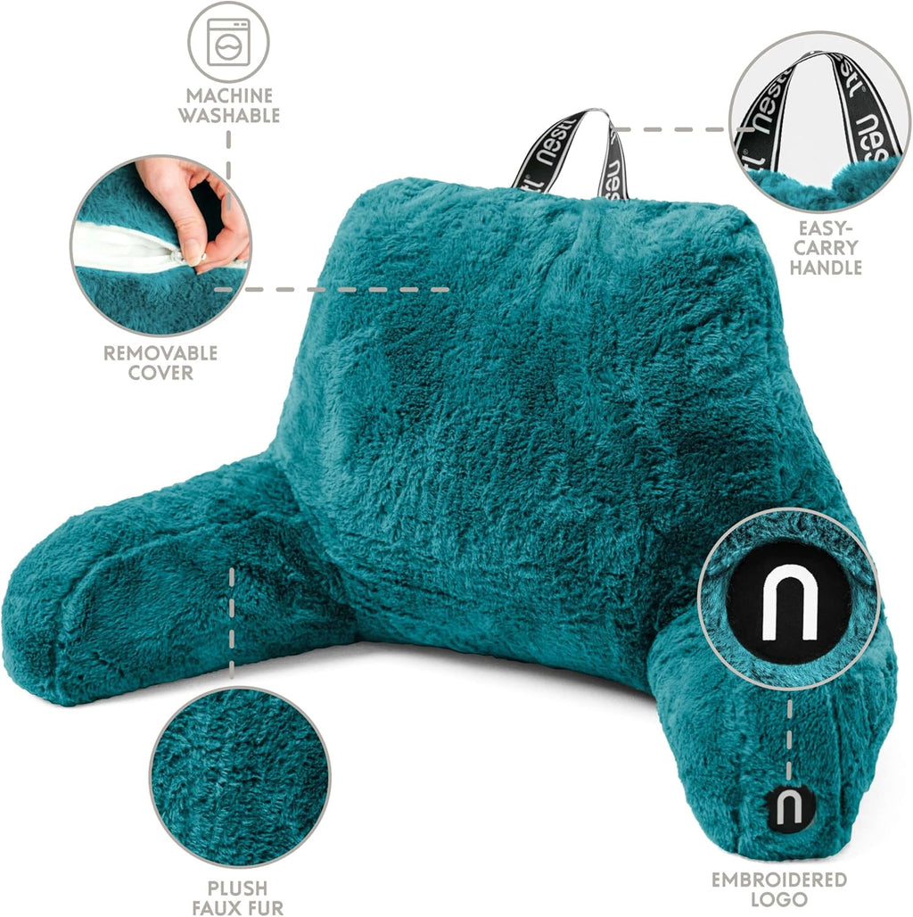 Nestl Fur Reading Pillow, Stylish Back Pillow for Bed Sitting Up, Faux Fur Bed Chair Pillow with Arms, Reading Pillows for Sitting in Bed Adult & Kids, Sit Up Back Support Pillow for Bed Rest - Teal