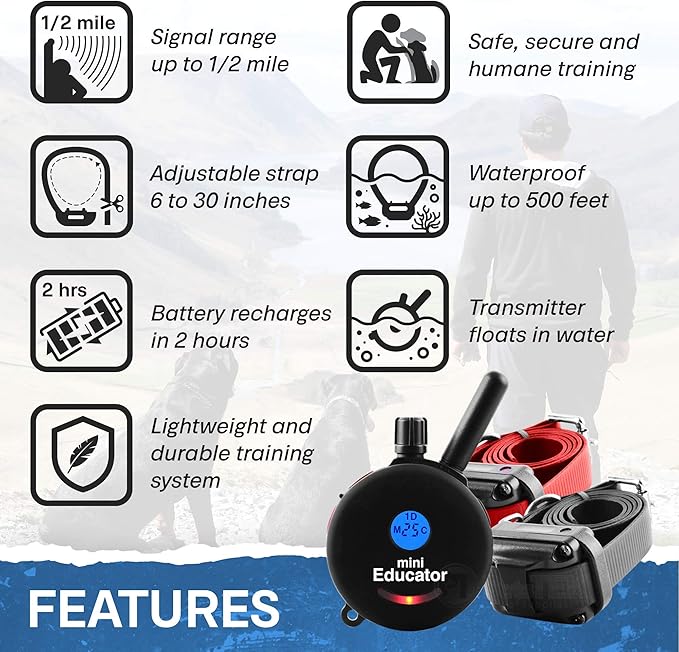 Educator ET-302 BK - 1/2 Mile Rechargeable Dog Trainer Ecollar with Remote for Small, Medium, and Large Dogs by E-Collar Technologies - Electric, Vibration, Tone, and Stimulation Training Collar