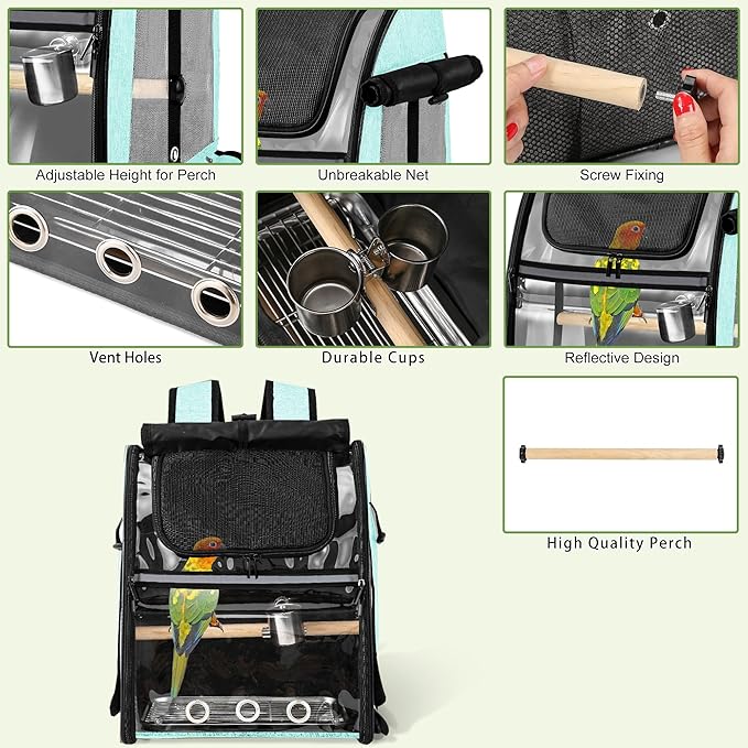 Sanmoncare Bird Carrier Backpack with Stainless Steel Mesh, Parrot Travel Cage with Stand, Easy to Clean, Portable Conures Travel Bag, Pet Breathable Travel Cage