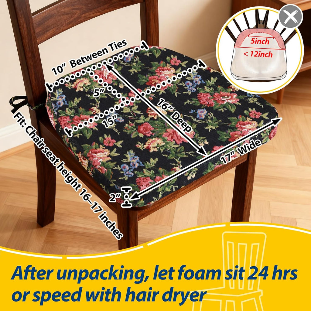 AAAAAcessories D-Shaped Chair Cushions, 2" Thick Dining Chair Pads with Ties and Removable, Machine-Washable Cover, 17" x 16", Set of 4, Night-Blooming Blossoms