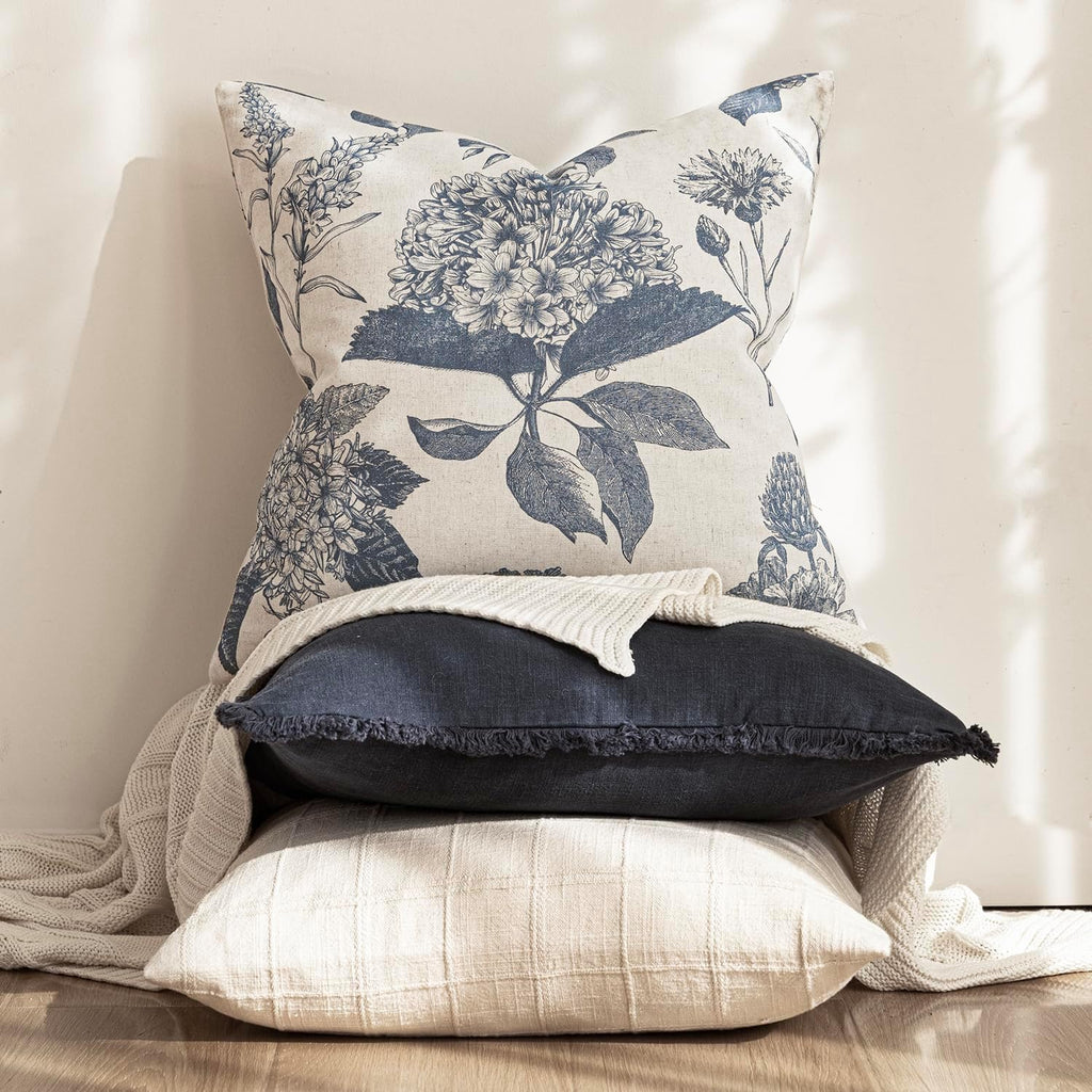 Foindtower Set of 2 Linen Floral Vintage Throw Pillow Covers Neutral Accent Print Decorative Cushion Covers Farmhouse Boho Home Decor for Sofa Chair Couch Bedroom Living Room,18×18 Inch,Blue