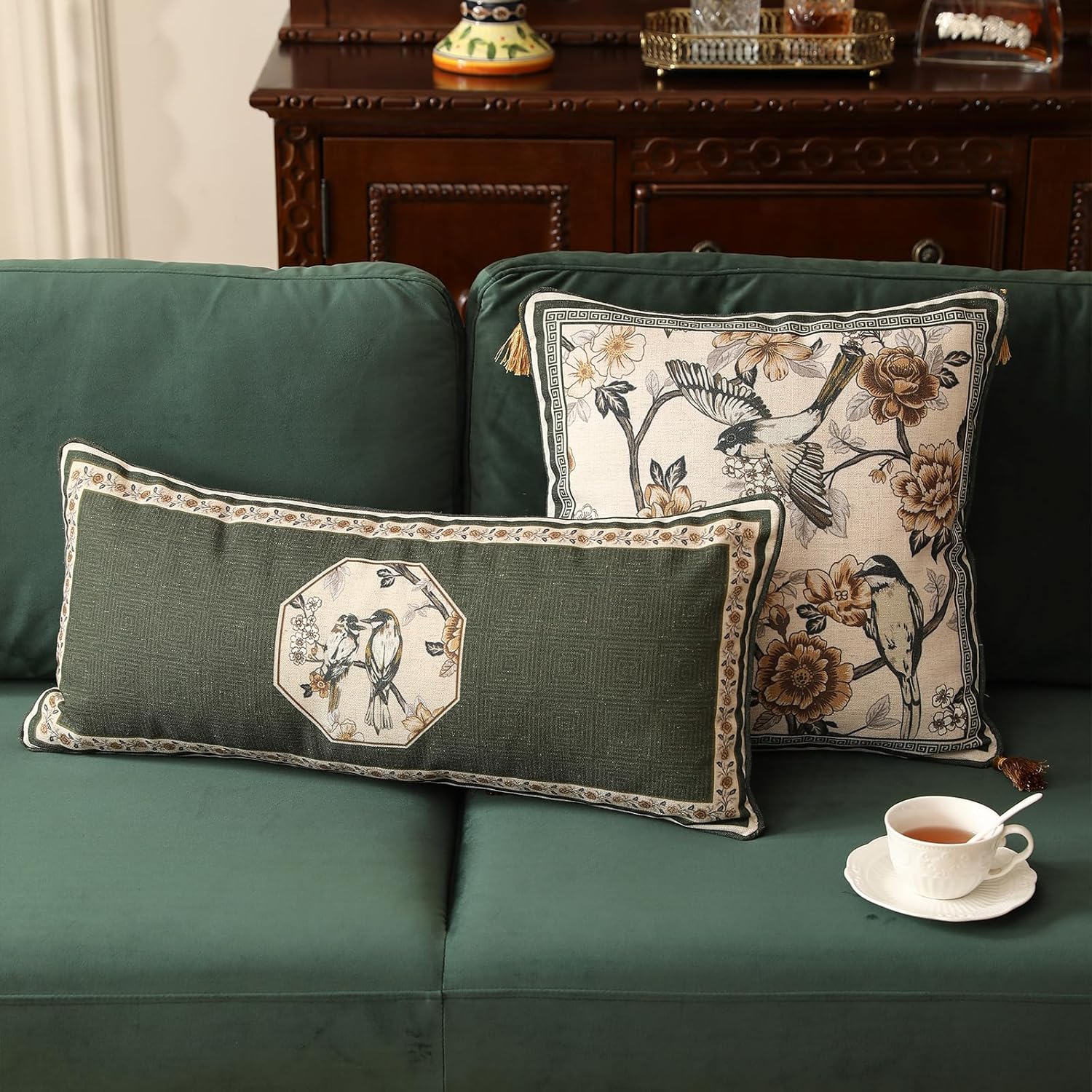 ISAENNE Design Linen Chinoiserie Lumbar Throw Pillow Covers 12"x28" Pack of 2, Farmhouse Cushion Covers with Yellow Floral Birds Pattern Decoration Pillowcases for Bed,Living Room,Outdoor,Car