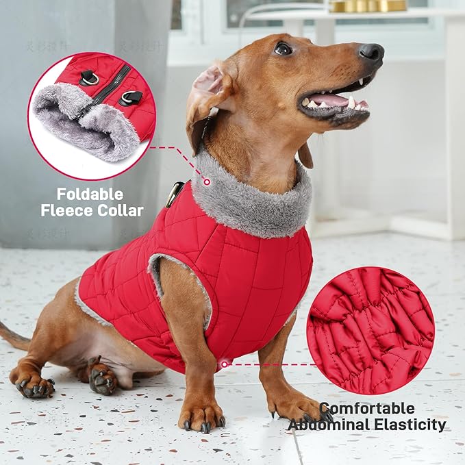 Warm Fleece Dog Coats with Durable Harness Buitl in D-Ring,Waterproof Puppy Jacket for Small Dogs,Dog Vest for Cold Winter,Red S