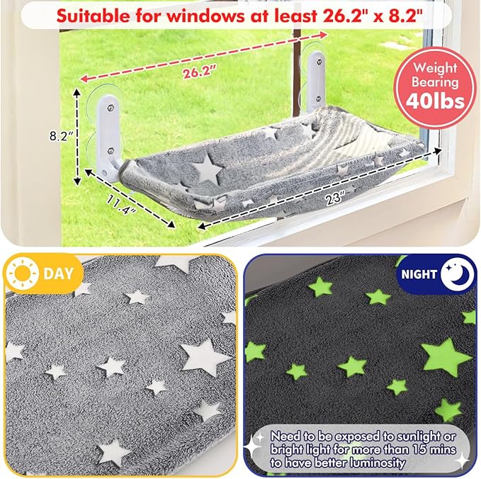 Cat Window Perch, Glow in The Dark Cordless Foldable Pet Hammock Bed for Window with Sturdy Metal Frame, Glowing Stars Pattern Resting Seat for Indoor Cats (Stars - L)