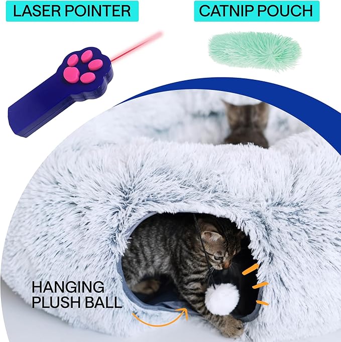 Cat Donut Tunnel Bed - Cat Tunnels for Indoor Cats - XL Plush Circle Hideaway with Cat Toys, 3-in-1 Foldable Playground & Cozy Cave Bed, Gift-Ready House Under Christmas Tree for Ferret, Rabbit, Kitty