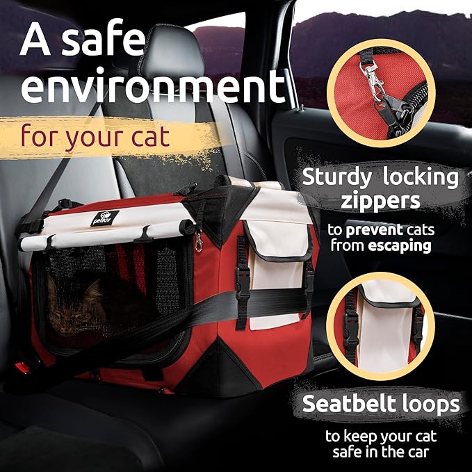 Large Cat Carrier on Wheels, Dog Carrier for 2 Cats or Medium Dog, Soft-Sided, Collapsible with Locking Zippers, Red