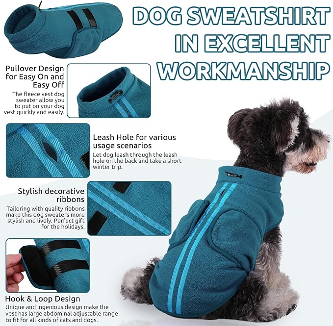Queenmore XL Dog Sweaters, Soft Fleece Vest Pullover Dog Jacket with Leash Hole, Warm Winter Dog Clothes Cold Weather Doggy Dachshund Sweater for Large Dogs Cats Boy or Girl (Peacock-Blue, XL)