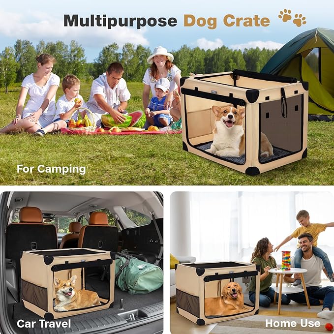 26 Inch Collapsible Travel Dog Crate for Medium Dogs, Portable 4-Door Foldable Soft Kennel with Mat and Durable Mesh Windows for Car & Outdoor, with Storage Bag