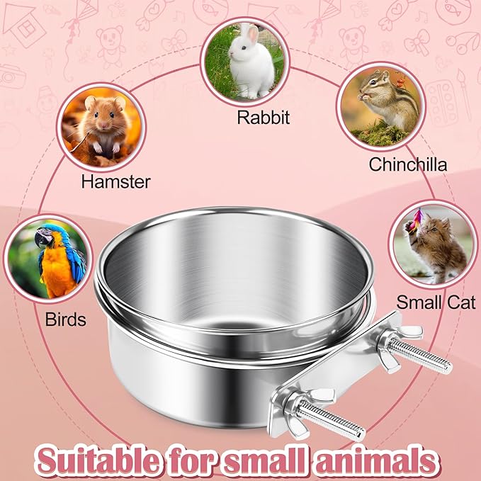 ToLanbbt 10 Pcs Stainless Steel Bird Food Bowls Water with Double Screws and Clamp Holders, Parrot Feeding Dish Cups Parrot Cage Coop Feeders for Cockatiel Conure Budgie Parakeet Macaw Small Animal, S