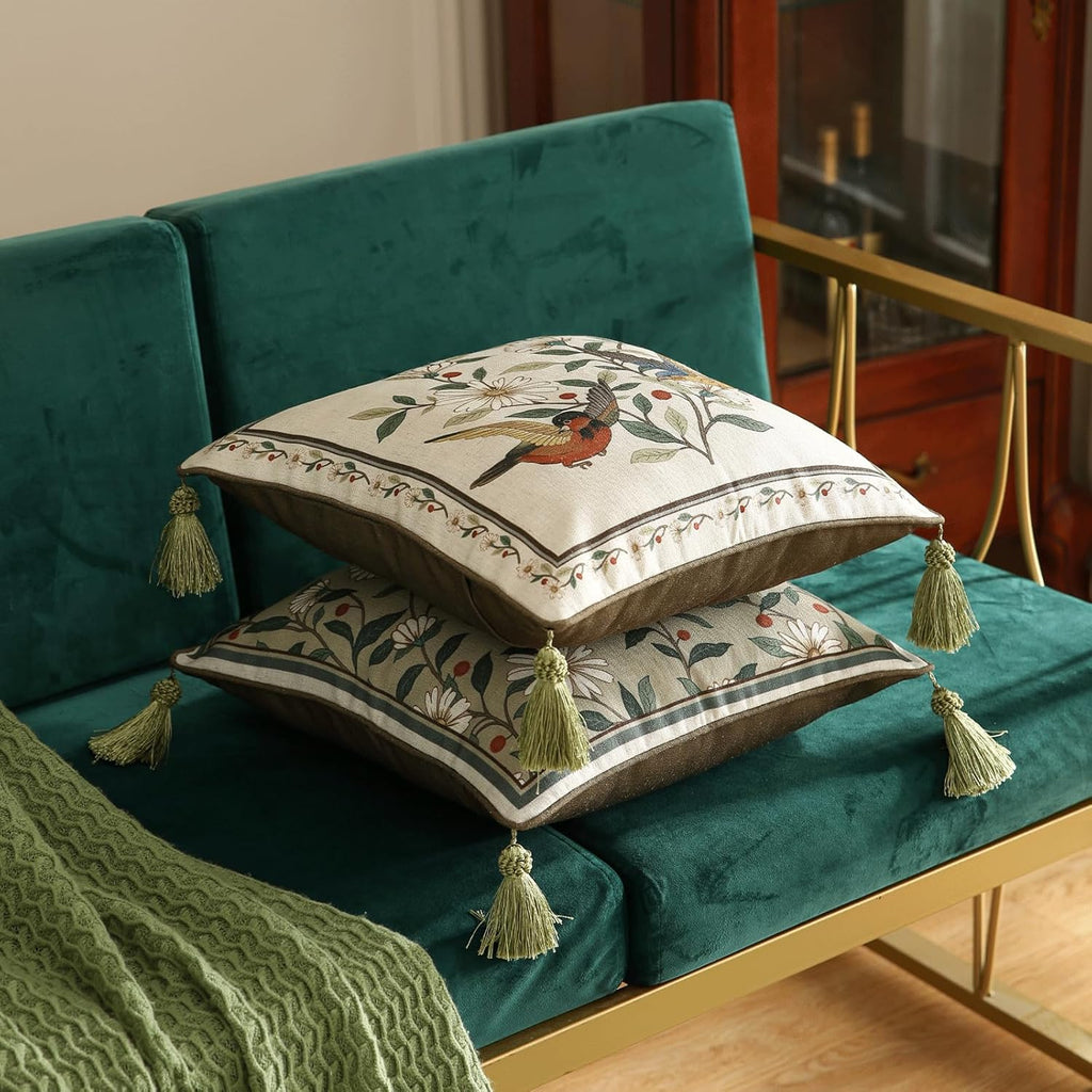 ISAENNE Design Square Bird Floral Linen Throw Pillow Covers 18"x18" Pack of 2, White Simple Elegant Daisy Pattern Cushion Covers Decor Pillowcases for Bed,Living Room,Outdoor,Car