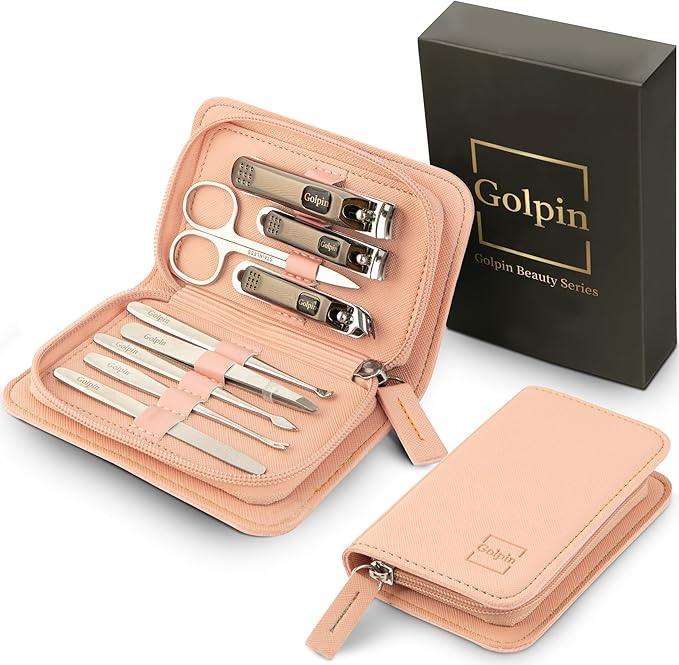 9 Pcs Manicure Kit for Men & Women – Stainless Steel Tools with Pink Travel Nail Kit Case, Nail Clippers, Cuticle Pusher, File, Gift Ready Women & Mens Manicure Set