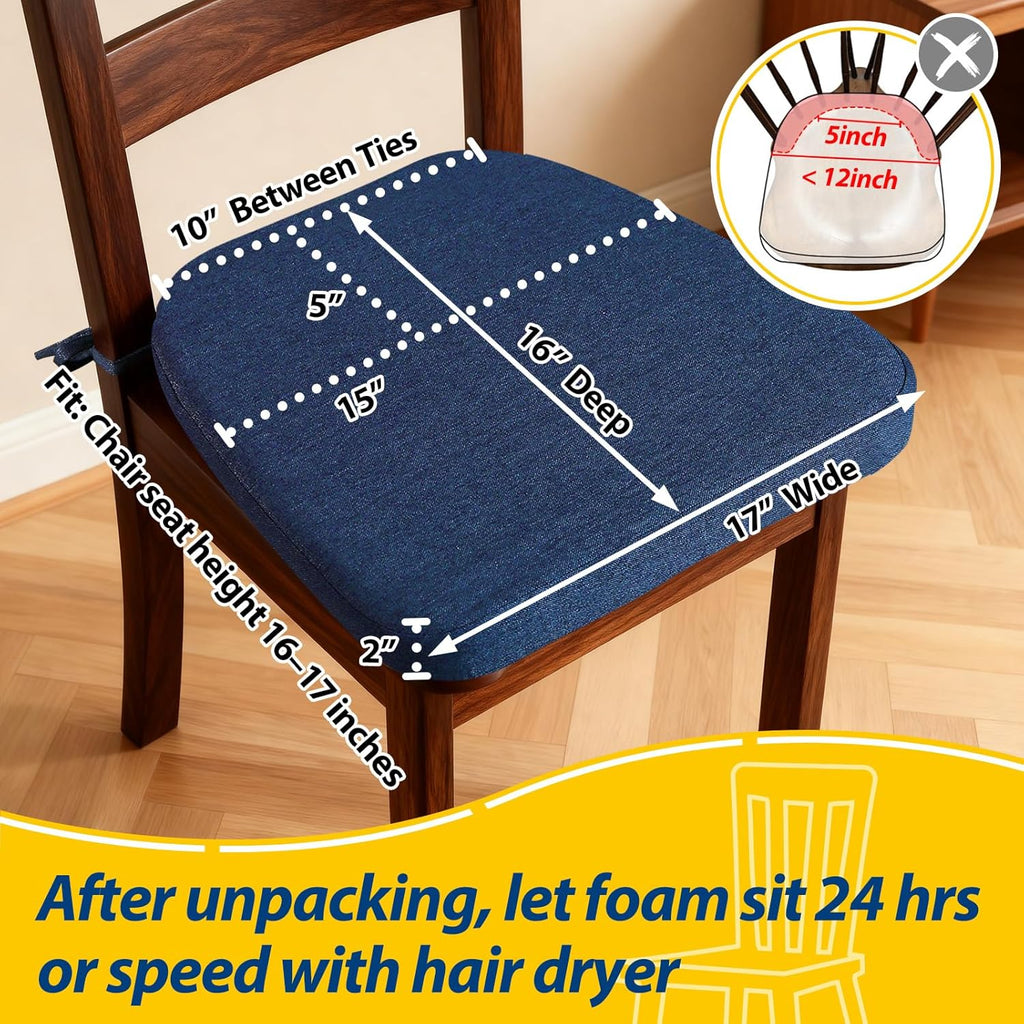 AAAAAcessories D-Shaped Chair Cushions, 2" Thick Dining Chair Pads with Ties and Removable, Machine-Washable Cover, 17" x 16", Set of 6, Blue