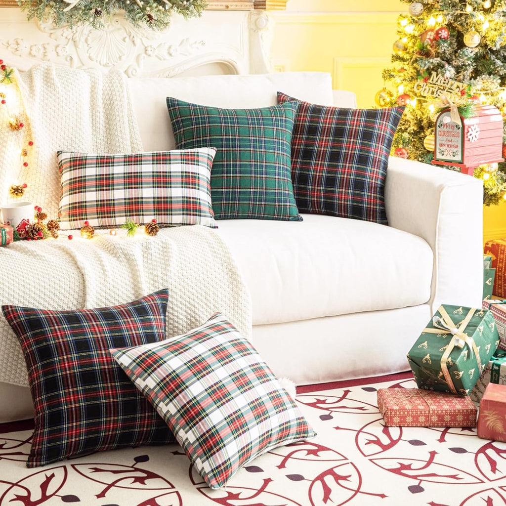 AQOTHES Pack of 2 Christmas Plaid Decorative Throw Pillow Covers Scottish Tartan Cushion Case for Farmhouse Home Holiday Decor Red and Black, 12 x 20 Inches