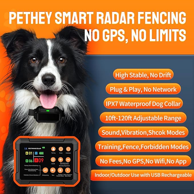 Wireless Dog Fence System for 3 Dogs Radar Electric Fence,10–120ft Range, IPX7 Waterproof Dog Training Collar,Sound, Vibration & Static Modes – Stable Signal. Indoor/Outdoor Use - 2collars