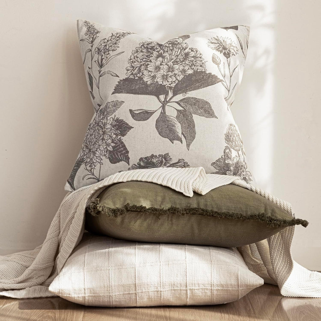 Foindtower Set of 2 Linen Floral Throw Pillow Covers Vintage Accent Print Decorative Cushion Covers Farmhouse Boho Home Decor for Sofa Chair Couch Bedroom Living Room,22×22 Inch,Light Gray
