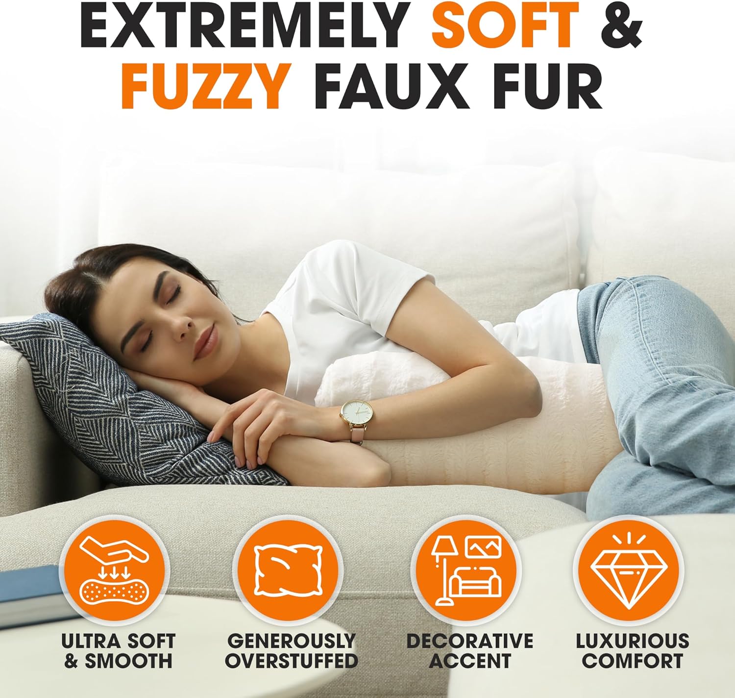 Cheer Collection Faux Fur Bolster Pillows – Soft Decorative Cylinder Pillows for Bed or Couch, Machine Washable – 8” x 24”, Set of 2, White