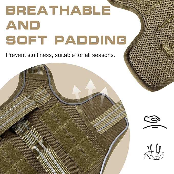 Tactical Dog Harness Medium Sized, Heavy Duty No Pull Dog Harness with Handle, Easy On and Off Service Dog Vest with Molle System, Adjustable Reflective Pet Vest for Walking Hiking Training