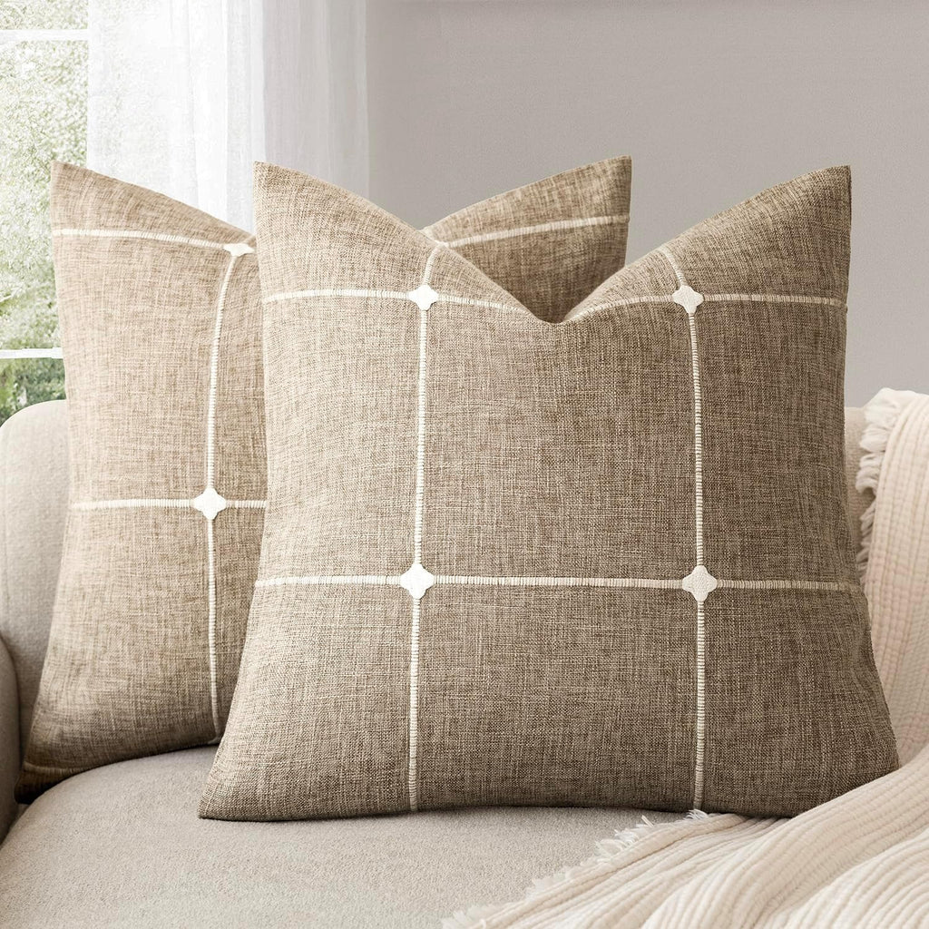 Foindtower Pack of 2 Decorative Faux Linen Jacquard Check Throw Pillow Covers Farmhouse Cushion Cover with Grid Textured Accent Pillowcase for Couch Sofa Living Room Home Decor,18×18 Inch,Oatmeal